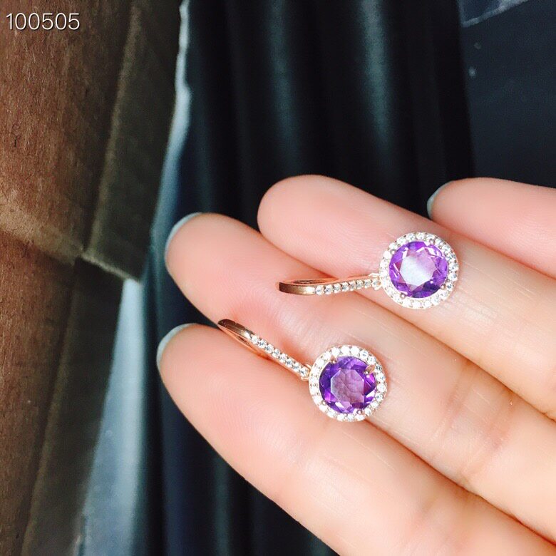 S  상감 천연 자수정 귀걸이 메인 스톤 7*7MM 절묘한 클래식 색상 아름답고 훌륭한 가치