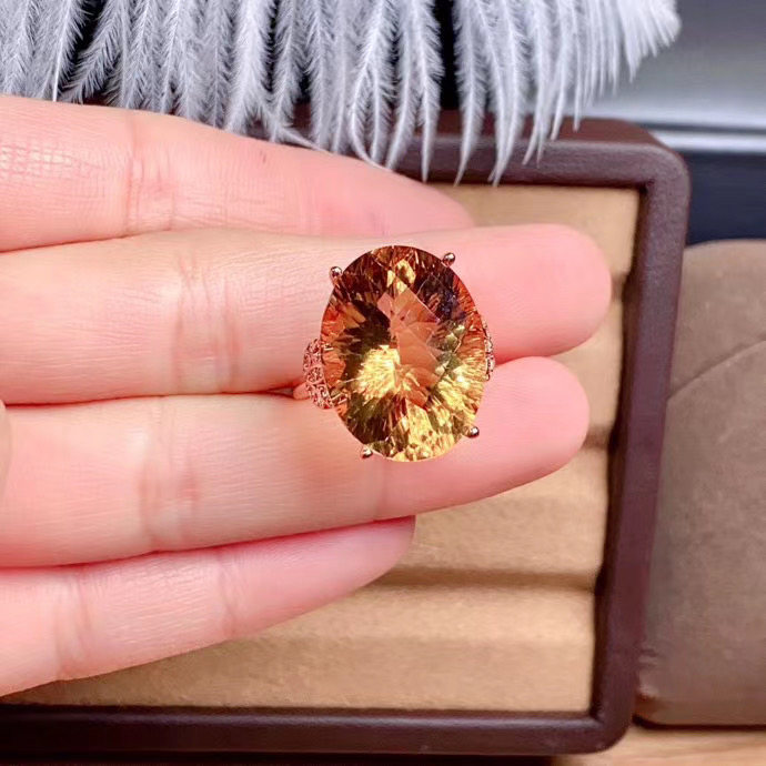 S  상감 천연 황수정 반지 13*18MM 가격 대비 가치 큰 입자 세련되고 절묘한 라이브 입 여성 반지 라이트 럭셔리