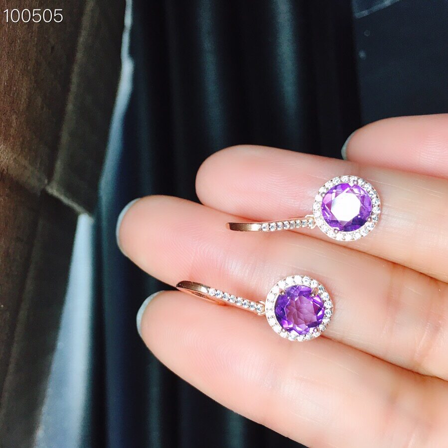 S  상감 천연 자수정 귀걸이 메인 스톤 7*7MM 절묘한 클래식 색상 아름답고 훌륭한 가치