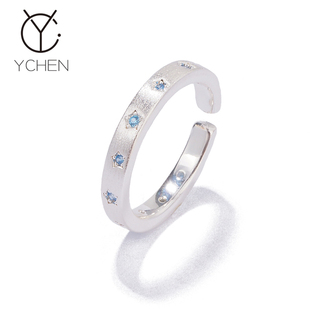 原创设计国风精致超闪蓝锆石拉丝银戒指女简约时尚百搭指环食指戒