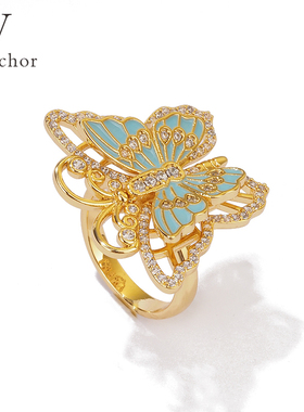 新品珐琅彩花丝蝴蝶镶钻戒指女开口可调节气质百搭指环
