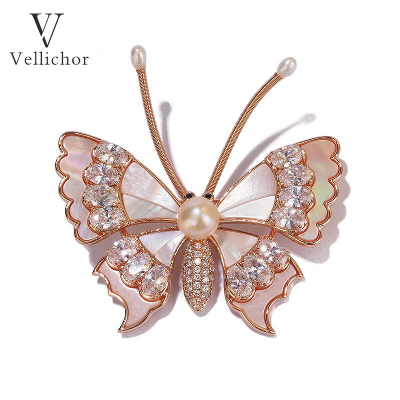 赫本风粉贝蝴蝶镶钻胸针女珍珠玫瑰金时尚配饰古风胸花