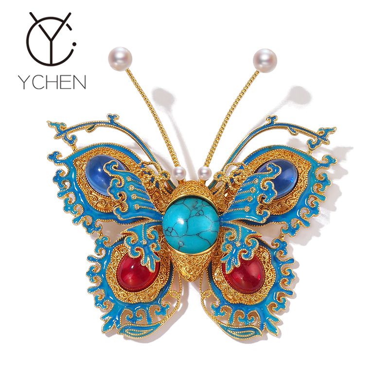 原创设计【金丝叠翠】金累丝嵌珐琅彩蝴蝶胸针女民族风别针配饰