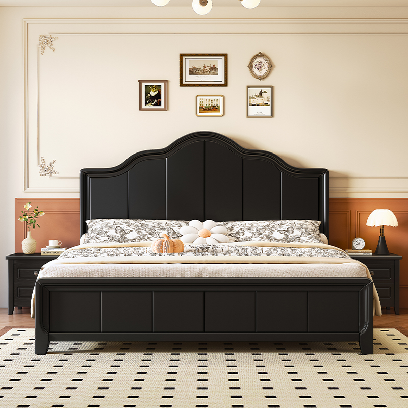 法式实木床1.8米主卧高端大气双人床中古风黑色1.5m美式轻奢婚床