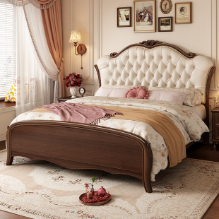 政府补贴全实木榉木床法式 轻奢真皮床1.8m 1.5主卧2米双人大床欧式
