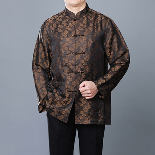 中老年爸爸生日唐装 春装 唐装 百福龙高档重磅双色提花桑蚕丝男士