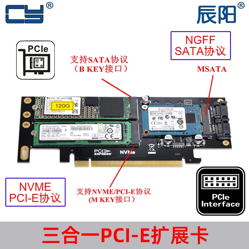 三盘版M.2 NVMe NGFF转pci-e 4x三合一扩展卡转接卡B+M Key mSATA