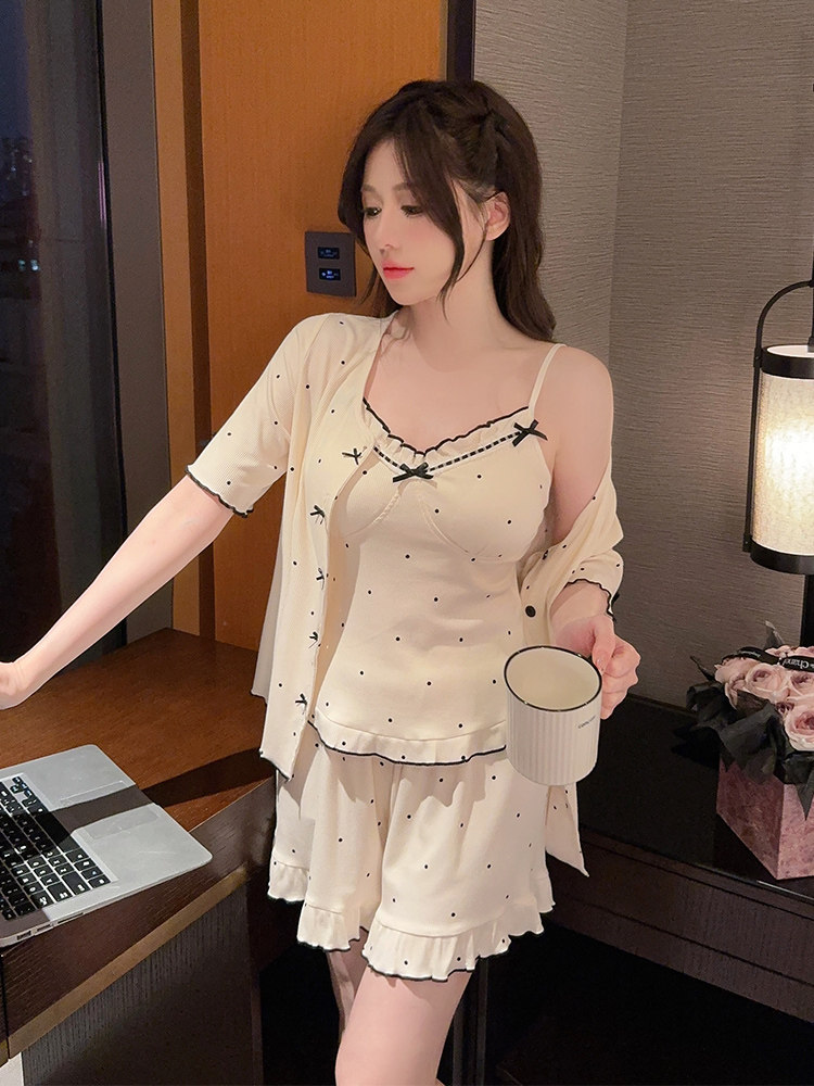 女莫代尔波点带胸垫三件套家居服