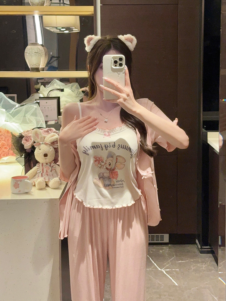 女针织棉带胸垫三件套家居服