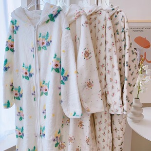 【实拍】秋冬季雪粒绒可爱碎花毛绒加厚家居服睡衣袍连帽睡袍