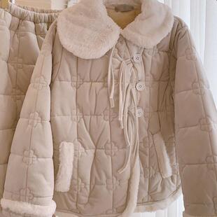 秋冬新款三层夹棉厚实暖和可外穿家居服女款国风新中式睡衣