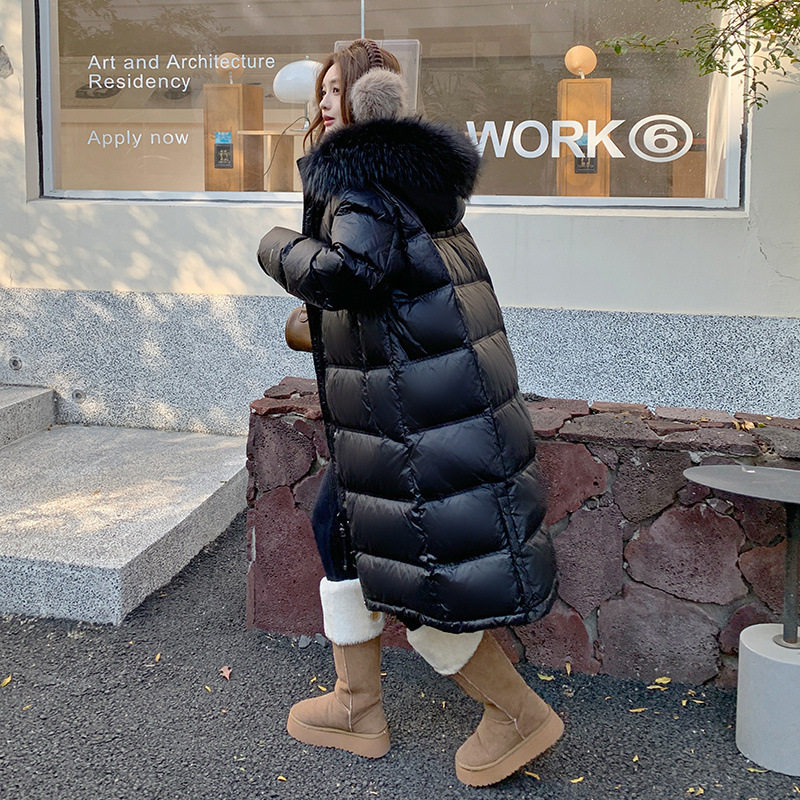 2025冬季大码胖MM鹅绒长款黑色金标石墨烯连帽貉子毛领羽绒服228