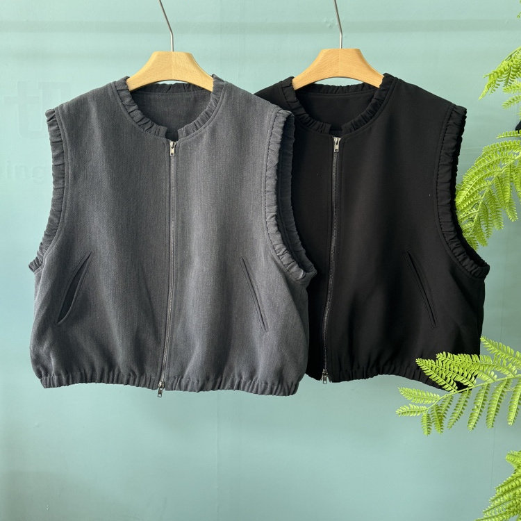 韩国进口女装东大门代购2025秋季新款花边无袖净色简约马甲外套