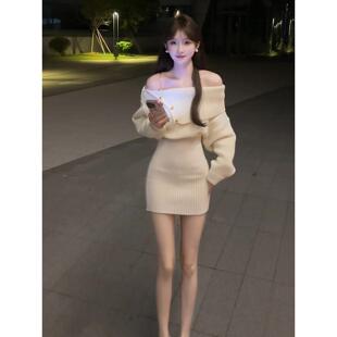 白色一字肩毛线连衣裙女秋新款露肩性感纯欲修身短裙