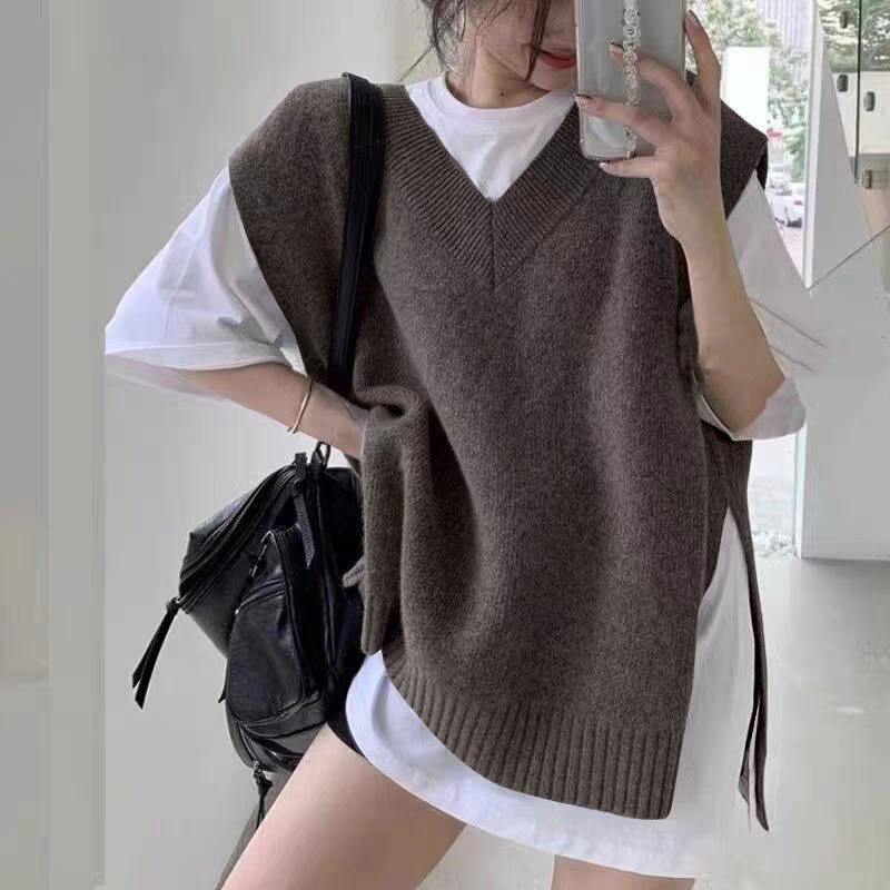爱丸丸韩国ins宽松百搭v领慵懒两侧开叉纯色针织衫马甲女叠穿毛衣