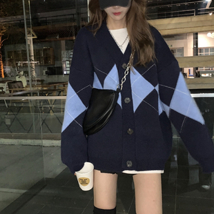 英伦风菱格子针织开衫毛衣女宽松慵懒V领中长款学生外套
