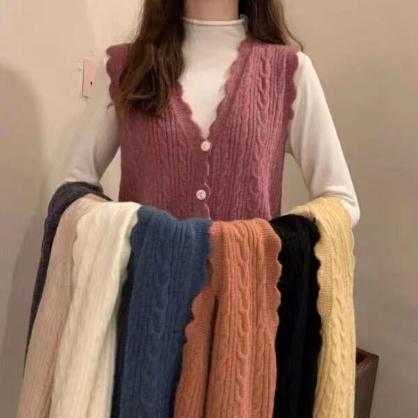 日系马甲毛衣外套女冬韩版麻花针织背心马夹宽松百搭加厚短款上衣