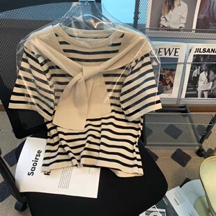 夏季韩版2026新款宽松圆领百搭拼接披肩条纹学生短袖T恤上衣