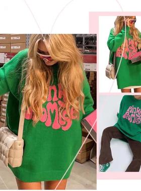 欧美亚马逊 粉色字母提花 套头绿色针织毛衣