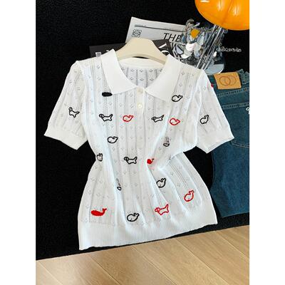 2026夏季白色polo领短袖针织衫女卡通刺绣修身显瘦百搭T恤上衣潮
