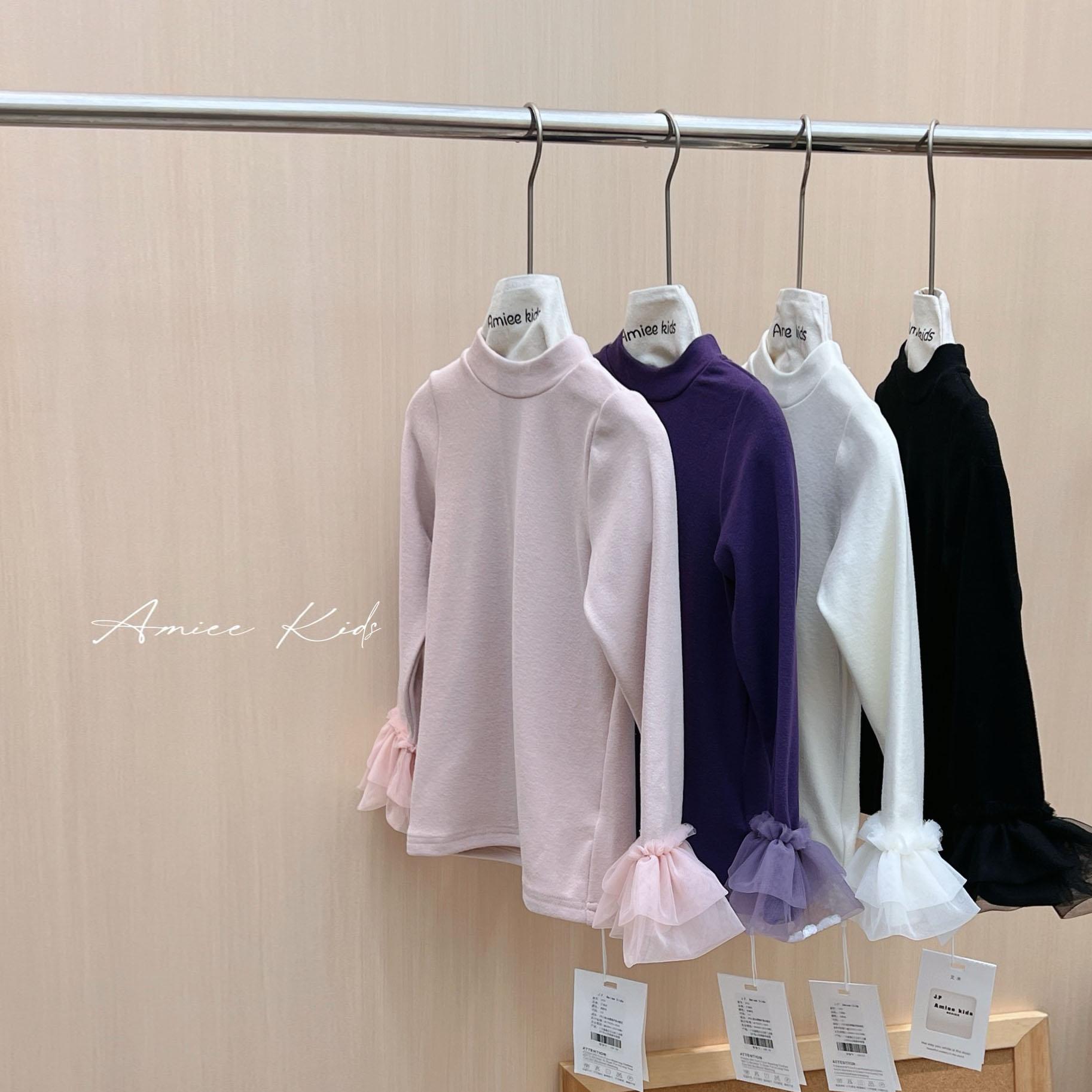 女童纯色百搭公主打底衫秋冬新款韩版网纱袖子德绒加厚中大童上衣