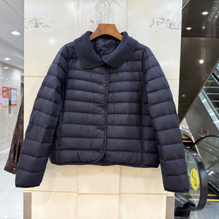 MZ21 时尚拼针织翻领单排按扣排骨条舒适轻便短装羽绒服外套秋冬