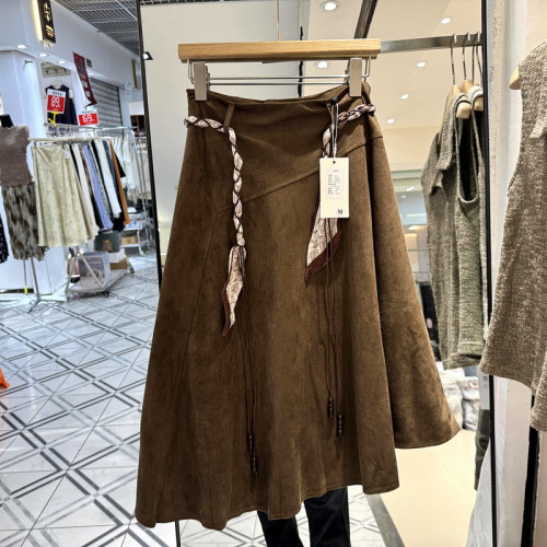 CY 36018 麻绳丝巾编织腰带高腰不规则麂皮绒中长半身裙欧货秋装
