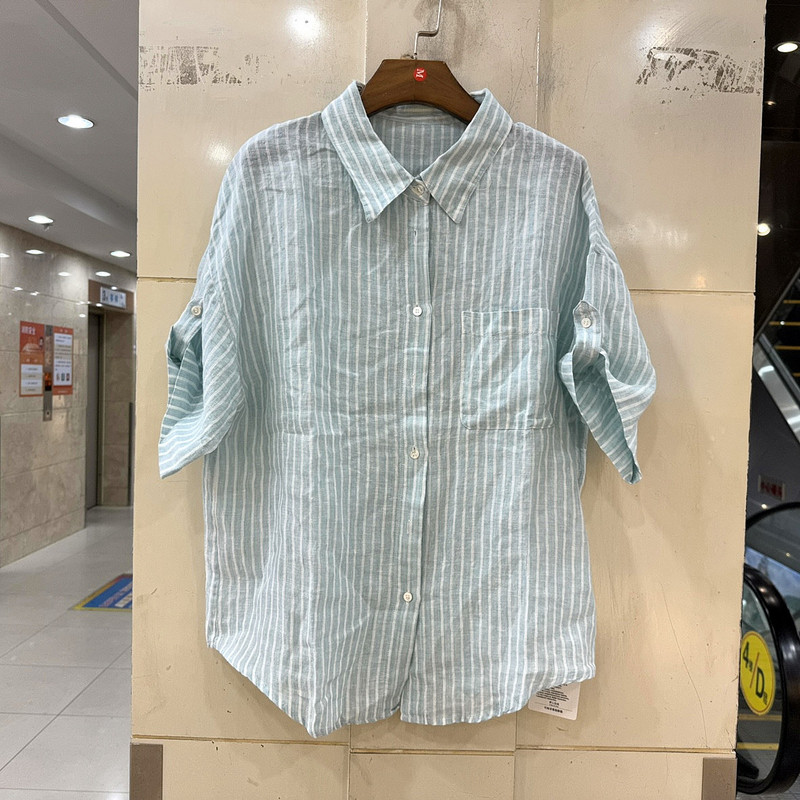33-ZT9686 欧洲站夏装2026新款时尚翻领竖条纹休闲舒适亚麻衬衫女