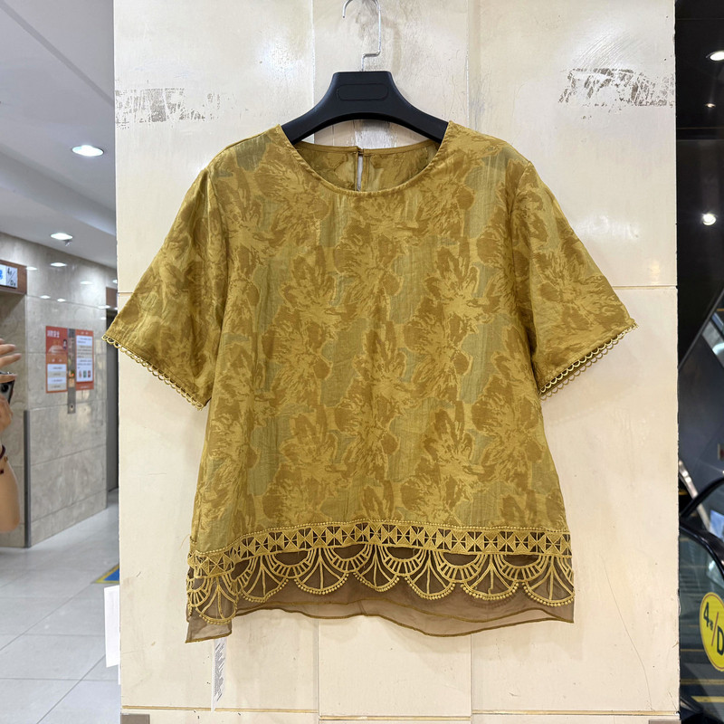 33-2018 下摆蕾丝刺绣拼接复古提花圆领休闲减龄百搭衬衫上衣夏装