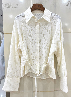 68812 时尚单排扣翻领落肩袖系带收腰洋气欧货蕾丝小外套上衣春装