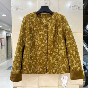 JY26AW001 镶钻钉珠边三粒扣复古蝴蝶提花圆领国风短装外套春装女