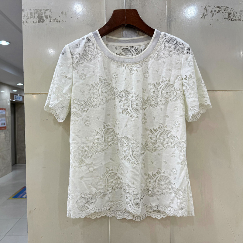 936135 欧洲站春夏2026款时尚圆领短袖性感透视百搭蕾丝小衫上衣