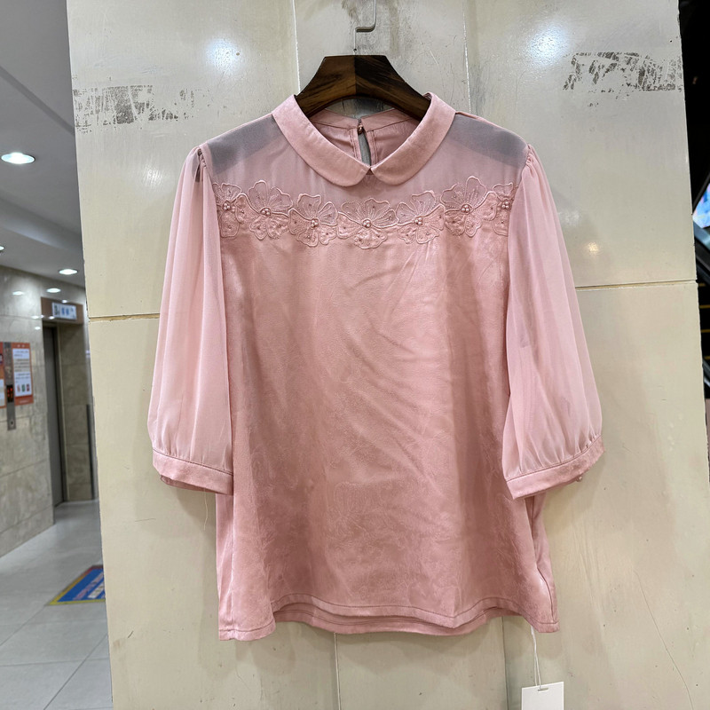 艾9626 钉珠刺绣花透视雪纺拼接翻领七分袖真丝衬衫上衣春夏正品