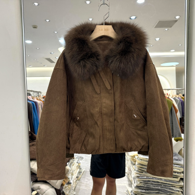 竹吟6873 高端时尚狐狸毛领麂皮绒加厚短装羽绒服外套欧货冬正品