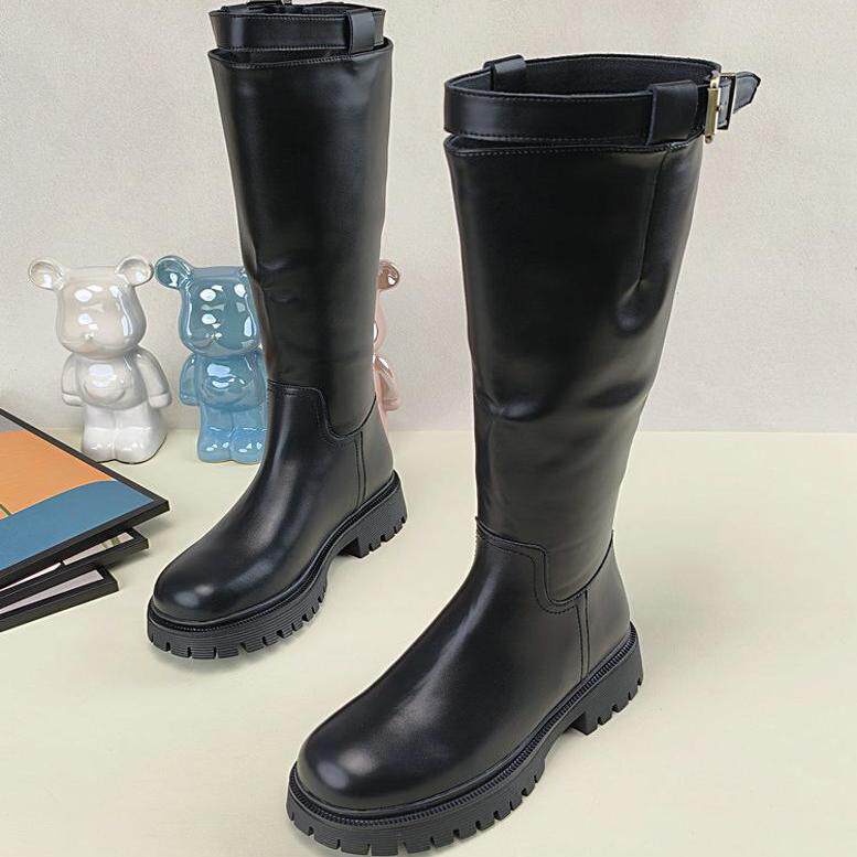 2025新款中跟厚底皮带扣时尚后拉链长靴女不过膝冬季英伦骑士靴