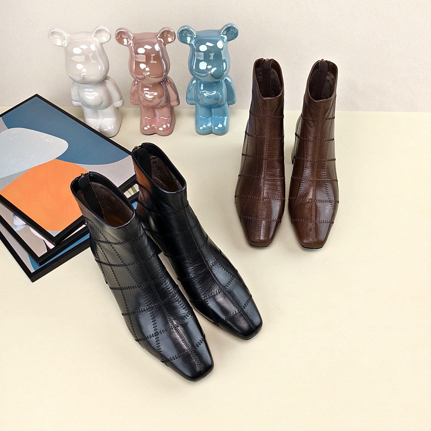 2025新款冬季中跟法式方头羊皮短靴女后拉链时尚粗跟气质时装靴,女鞋,时装靴,淘宝优惠券,粉丝福利购,淘宝优惠卷