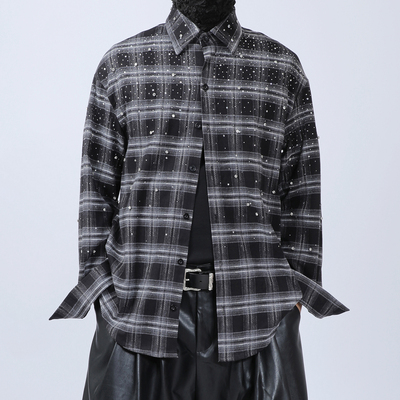 原创男装新款格子衬衣秋季重工轻奢镶钻设计感中性宽松长袖衬衫潮
