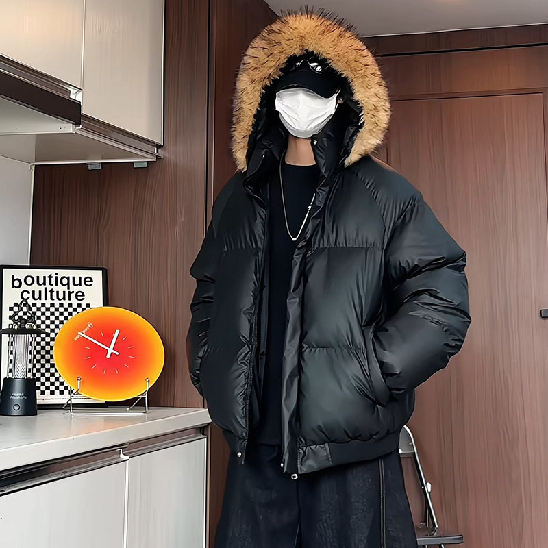 美式冬装连帽可拆卸大毛领PU皮棉衣男外套高级感加厚保暖短款棉服