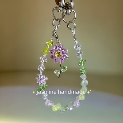 夏日小清新双耳手机链挂件包挂粉色水晶锆石花朵手机挂绳ccd相机