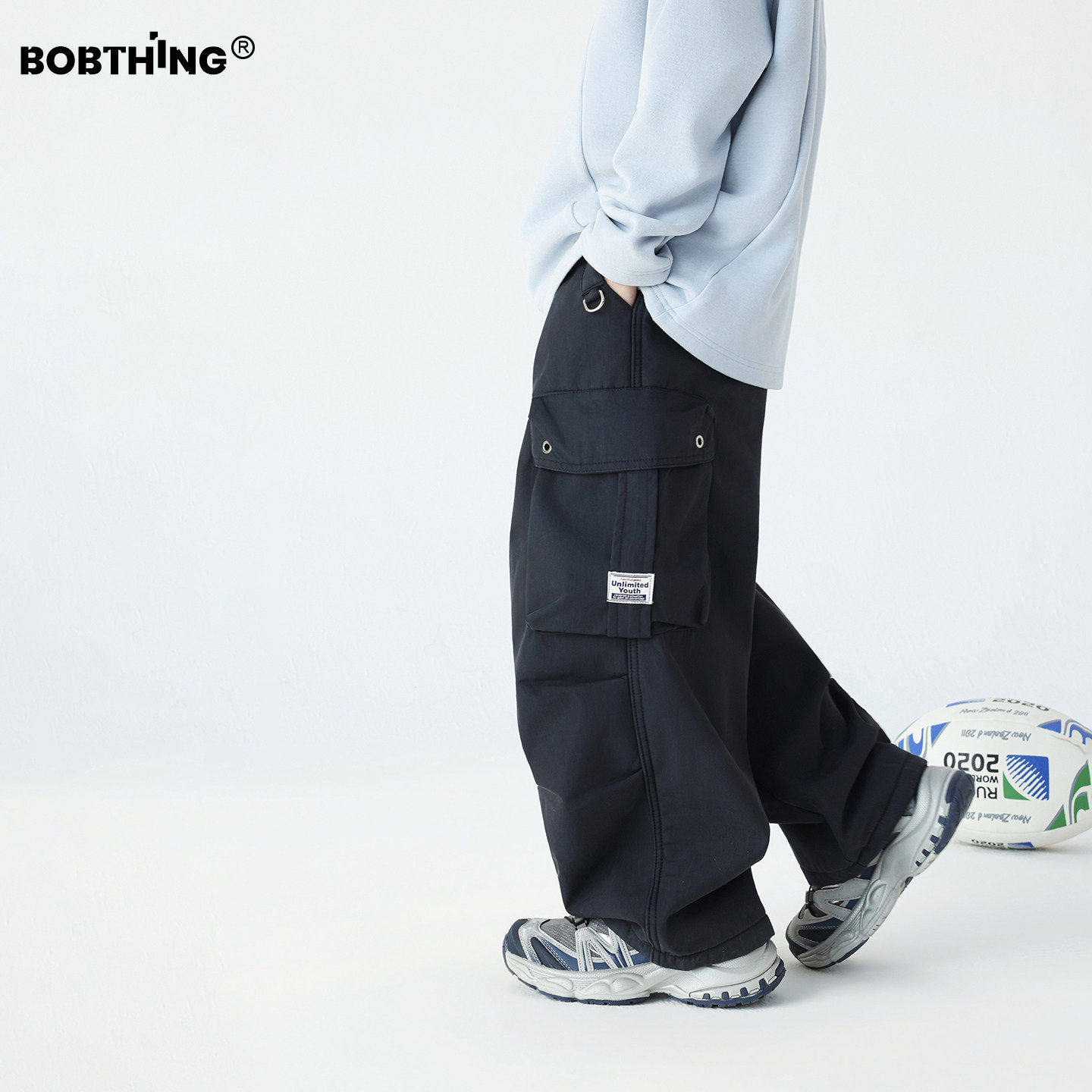 儿童冬季字母标口袋一体绒工装裤直筒长裤男童加厚休闲裤子潮童装