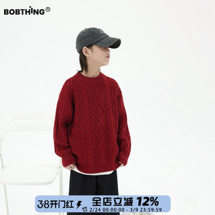 男童冬装红色复古绞花毛衣圆领线衫儿童喜庆年服加厚打底衫潮童装