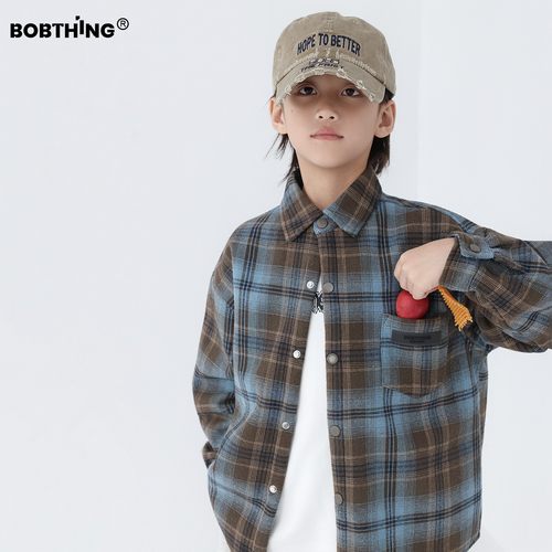 男童一体绒格子衬衫加厚磨毛衬衣