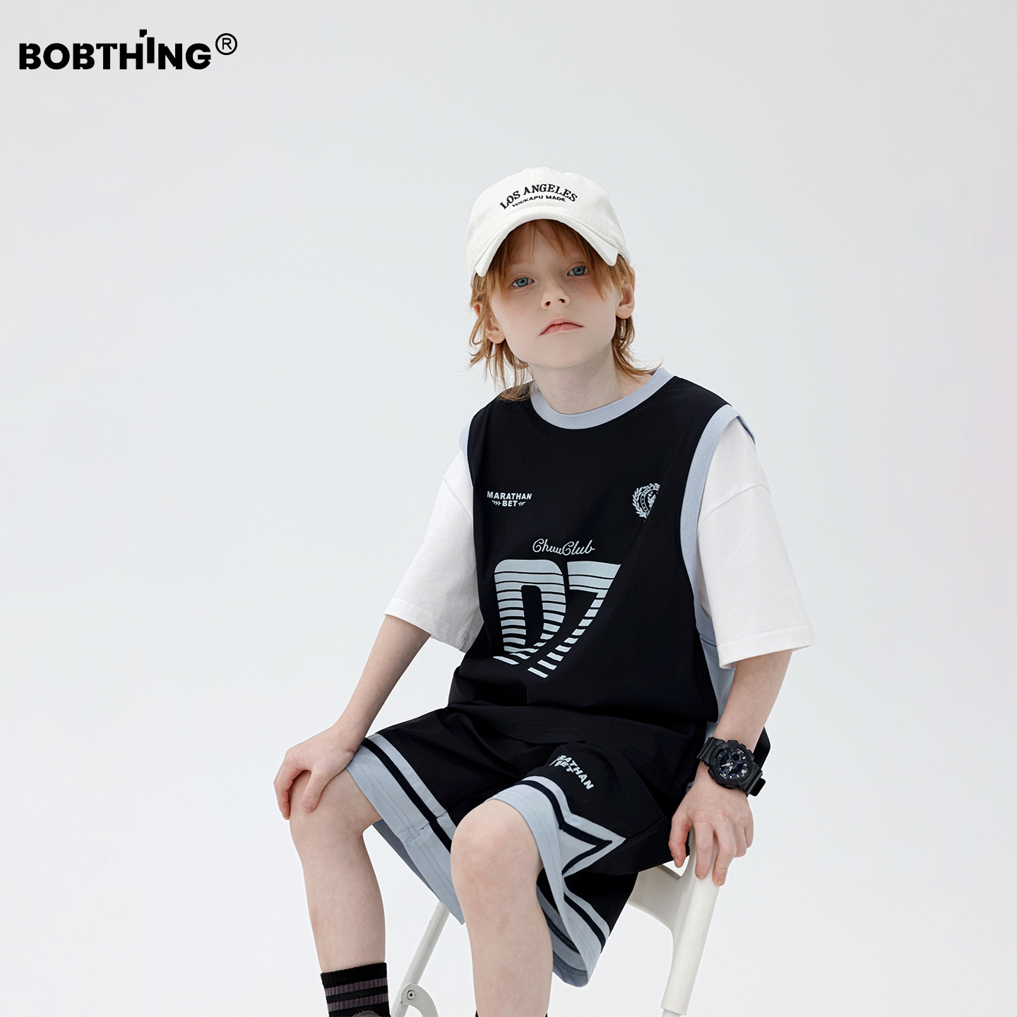 男童夏季数字蓝边假两件短袖t恤+速干运动中裤2件套装儿童半袖潮