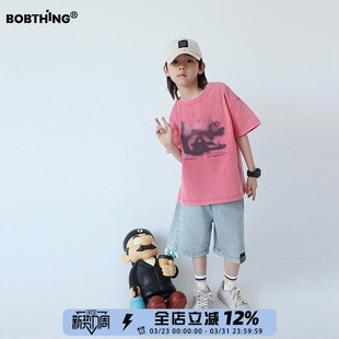 儿童抽象涂鸦印花设计感粉色t恤短袖男童夏装半袖潮体恤童装上衣