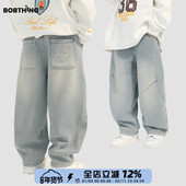 儿童PP字母一体绒条纹牛仔裤 子潮 加绒加厚休闲裤 直筒长裤 男童冬季