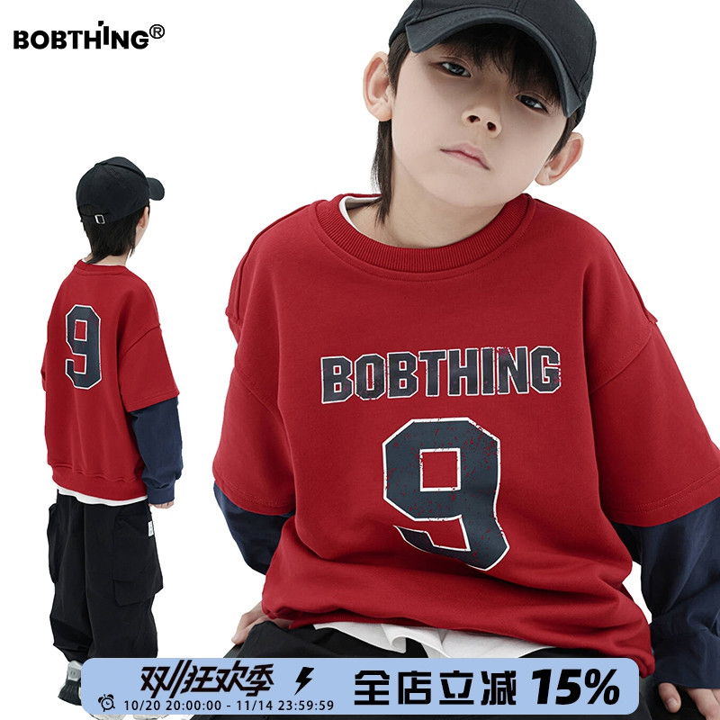 儿童数字字母红色假两件卫衣春秋圆领打底衫男童运动上衣潮牌童装