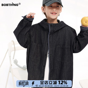 男童春装格子撞色连帽牛仔开衫2026新款中大童休闲上衣连帽外套潮
