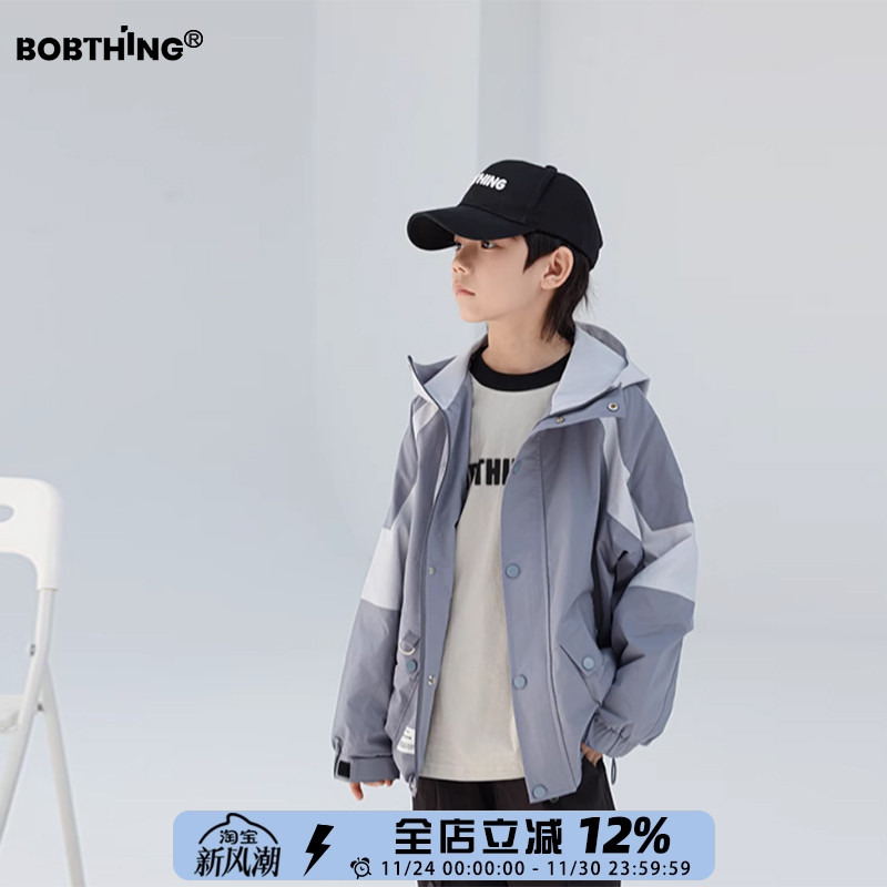 男童春装2025新款儿童蓝色拼冲锋衣中大童儿童装长袖连帽外套风衣