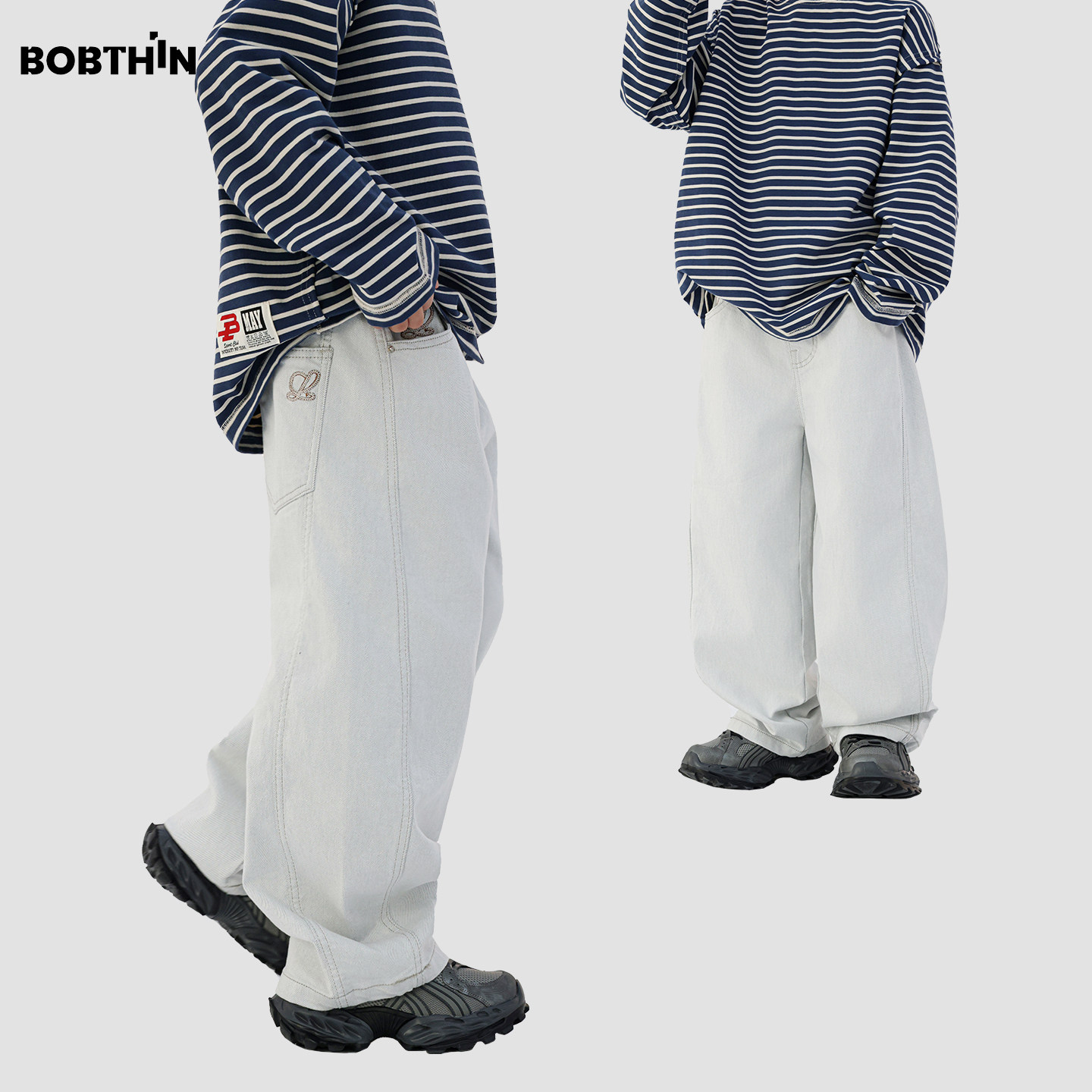 男童春装PP小刺绣浅色简约长裤2026新款中大童宽松直筒长裤休闲裤