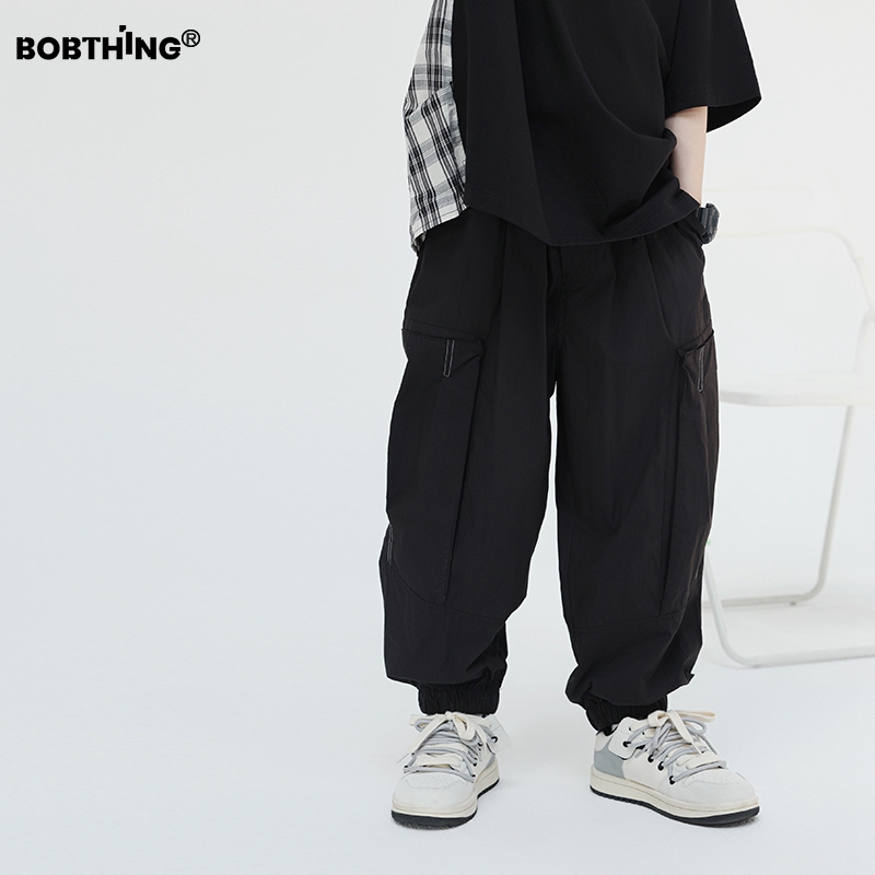 男童夏装2025新款儿童装明线宽松轻薄布裤中大童夏季黑长裤子